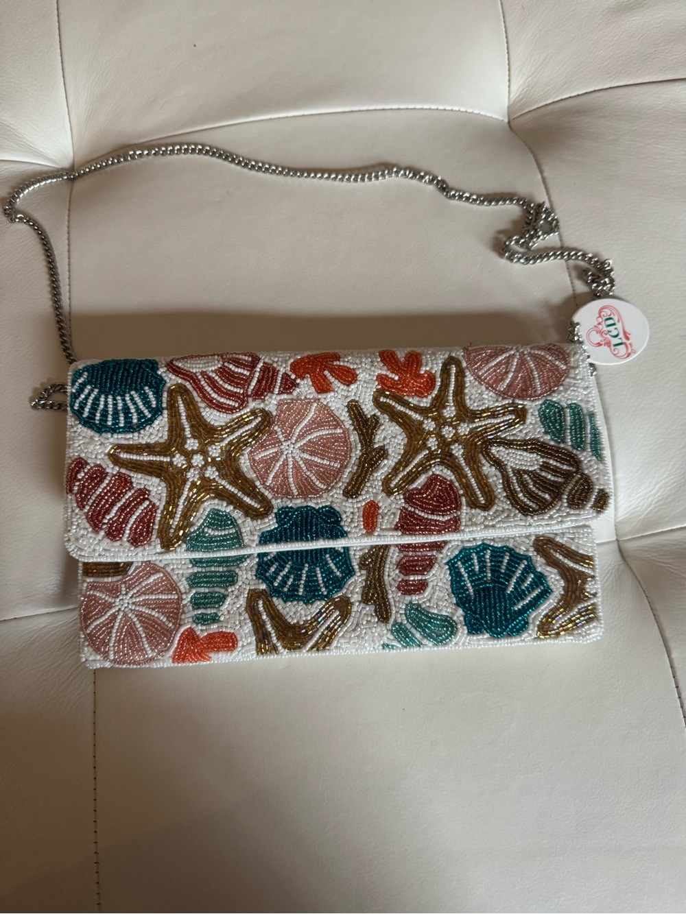 Beaded Seashell & Starfish Crossbody Bag - White Multicolor